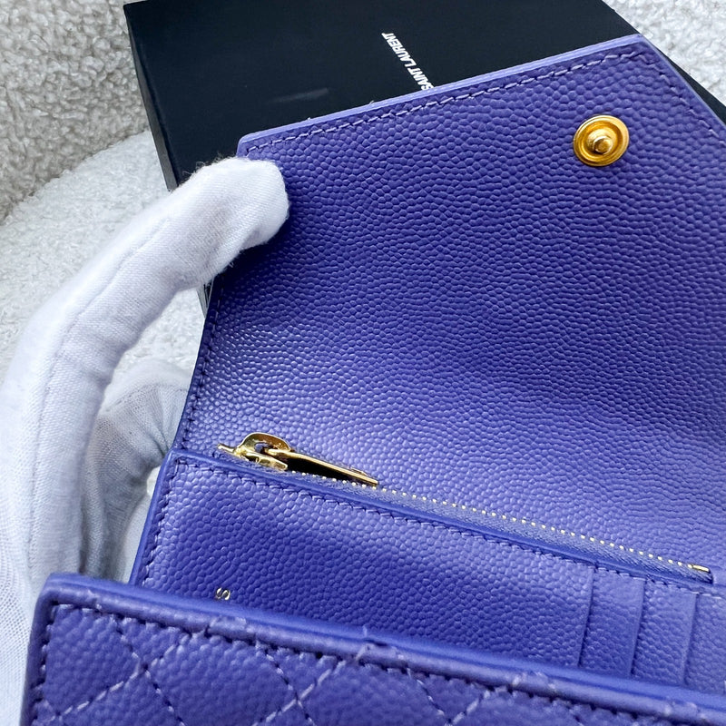 Saint Laurent YSL Envelope Wallet in Purple Grained Leather and AGHW