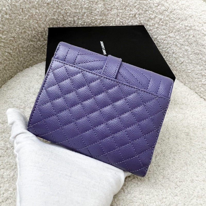 Saint Laurent YSL Envelope Wallet in Purple Grained Leather and AGHW