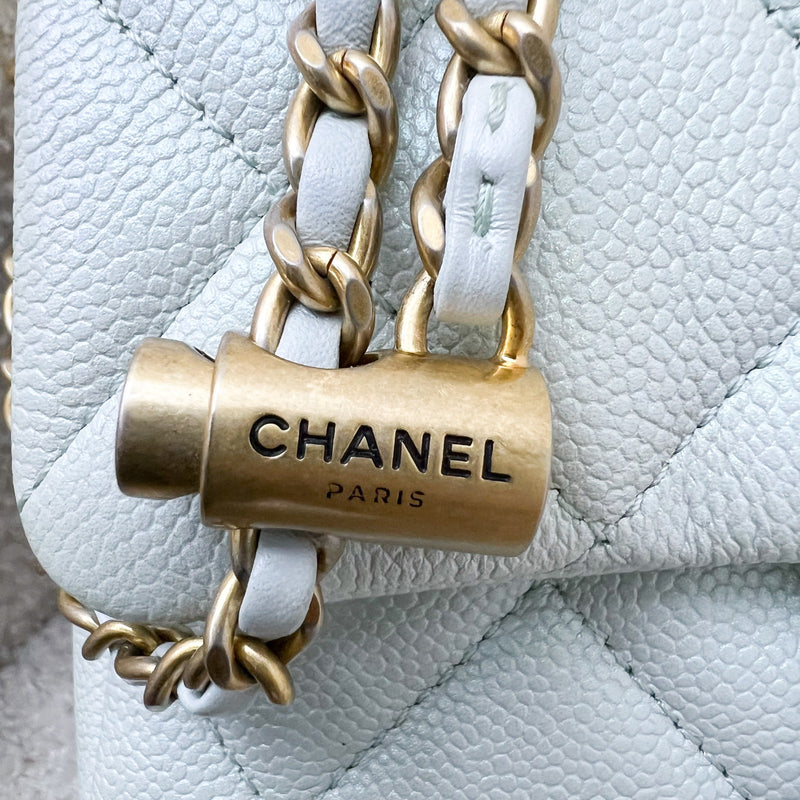 Chanel 21K Perfect Mini Flap Bag with Adjustable Chain in Iridescent Mint Caviar and AGHW (Model: AS2855)
