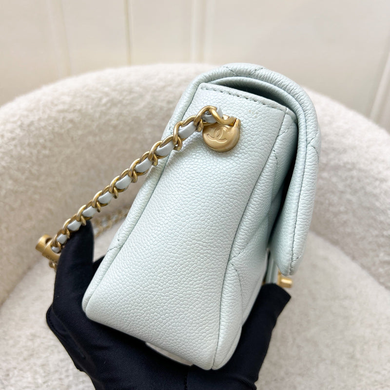Chanel 21K Perfect Mini Flap Bag with Adjustable Chain in Iridescent Mint Caviar and AGHW (Model: AS2855)