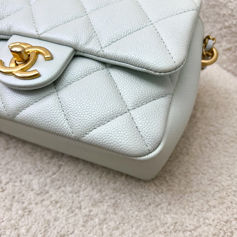 Chanel 21K Perfect Mini Flap Bag with Adjustable Chain in Iridescent Mint Caviar and AGHW (Model: AS2855)