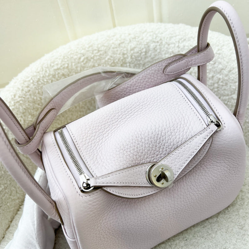 Hermes Mini Lindy in Mauve Pale Clemence Leather, White Interior and PHW