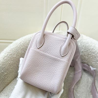 Hermes Mini Lindy in Mauve Pale Clemence Leather, White Interior and PHW