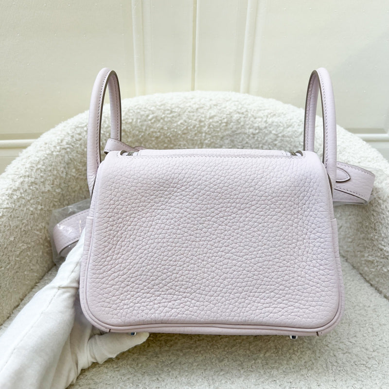 Hermes Mini Lindy in Mauve Pale Clemence Leather, White Interior and PHW