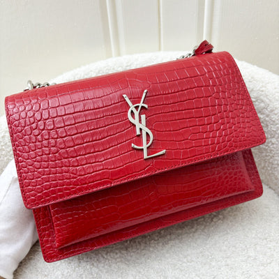 Saint Laurent YSL Medium Sunset Bag in Red Crocodile-Embossed Calfskin Leather Shoulder Bag