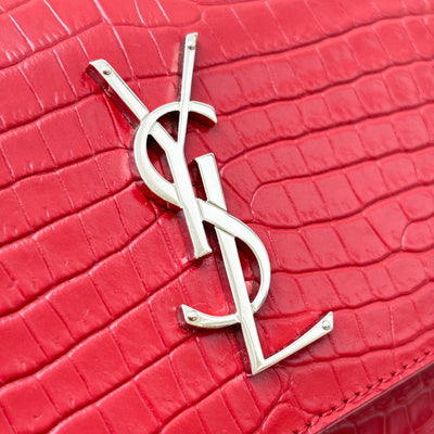 Saint Laurent YSL Medium Sunset Bag in Red Crocodile-Embossed Calfskin Leather Shoulder Bag