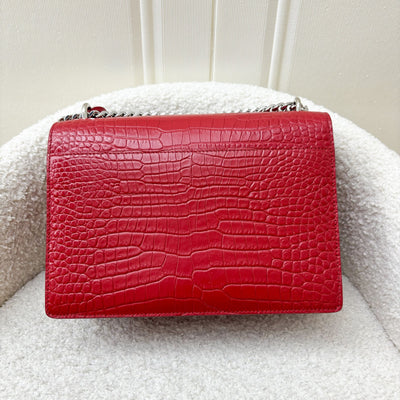 Saint Laurent YSL Medium Sunset Bag in Red Crocodile-Embossed Calfskin Leather Shoulder Bag