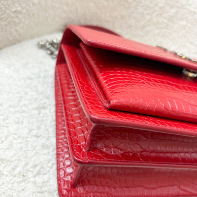 Saint Laurent YSL Medium Sunset Bag in Red Crocodile-Embossed Calfskin Leather Shoulder Bag