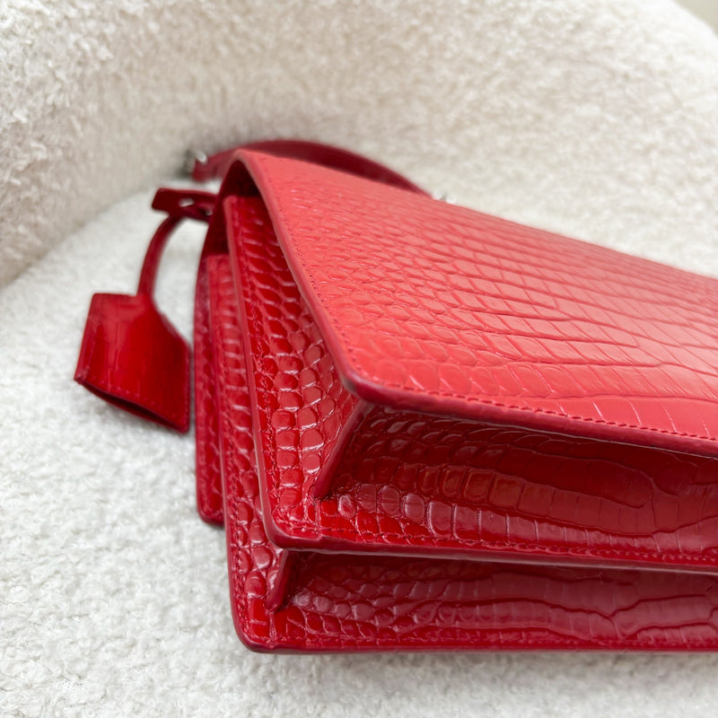 Saint Laurent YSL Medium Sunset Bag in Red Crocodile-Embossed Calfskin Leather Shoulder Bag