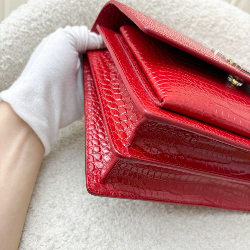 Saint Laurent YSL Medium Sunset Bag in Red Crocodile-Embossed Calfskin Leather Shoulder Bag