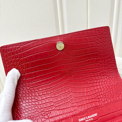 Saint Laurent YSL Medium Sunset Bag in Red Crocodile-Embossed Calfskin Leather Shoulder Bag