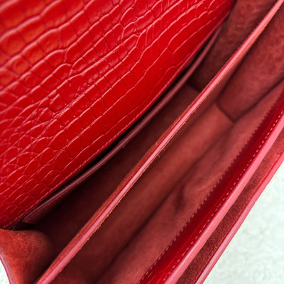 Saint Laurent YSL Medium Sunset Bag in Red Crocodile-Embossed Calfskin Leather Shoulder Bag