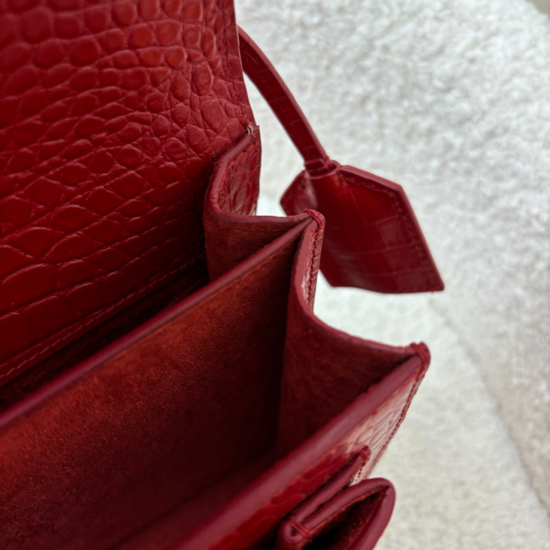 Saint Laurent YSL Medium Sunset Bag in Red Crocodile-Embossed Calfskin Leather Shoulder Bag