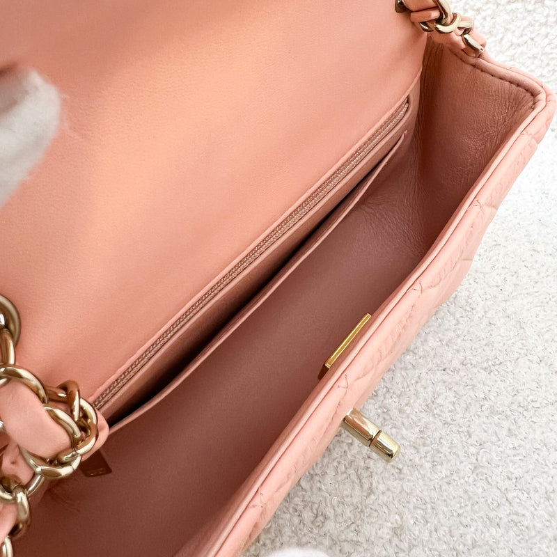 Chanel Classic Mini Rectangle in 22C Peach Pink Lambskin and LGHW (Model: A69900)