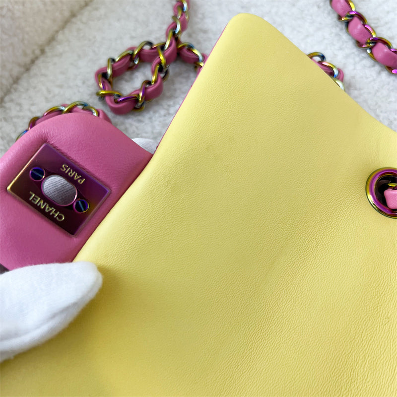 Chanel Classic Mini Rectangle in 21P Pink / Yellow Lambskin and Rainbow HW