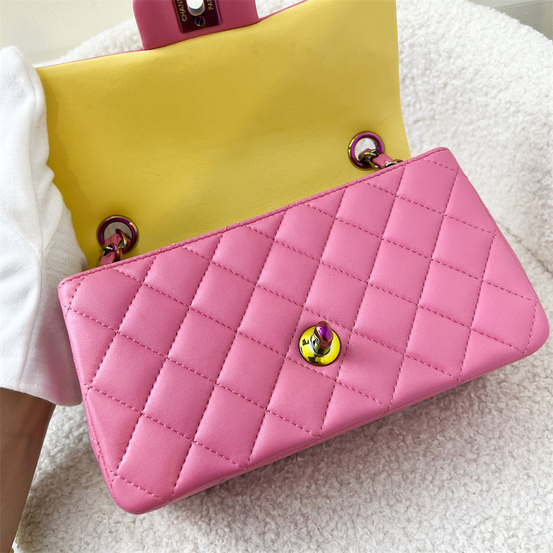 Chanel Classic Mini Rectangle in 21P Pink / Yellow Lambskin and Rainbow HW