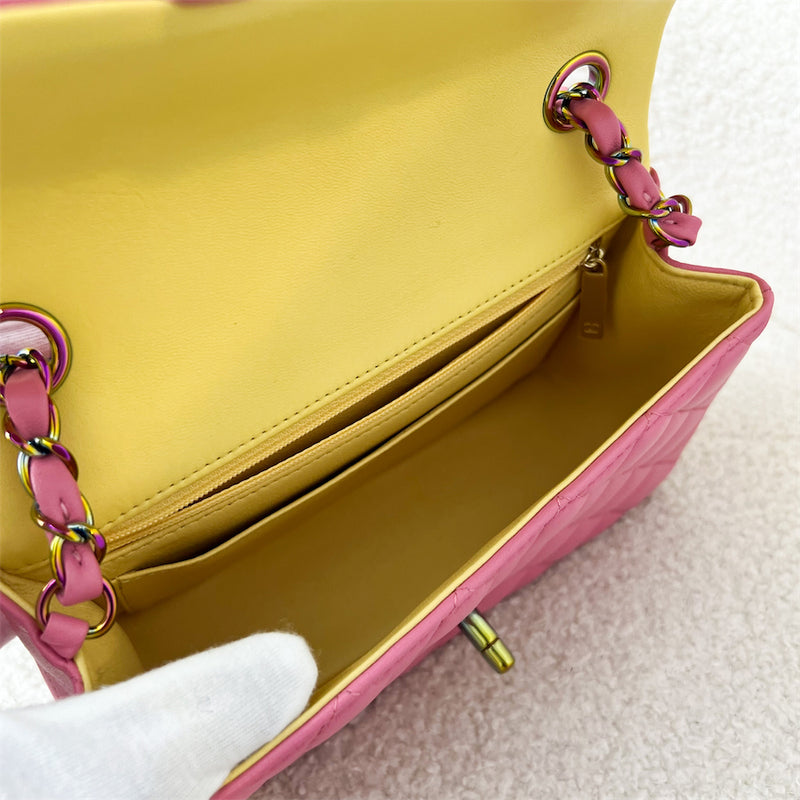 Chanel Classic Mini Rectangle in 21P Pink / Yellow Lambskin and Rainbow HW