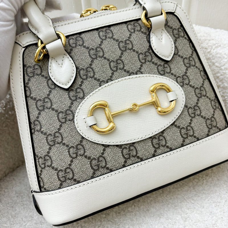 Gucci Horsebit 1955 Mini Top Handle Bowling Bag In GG Supreme Canvas, White Trim and GHW