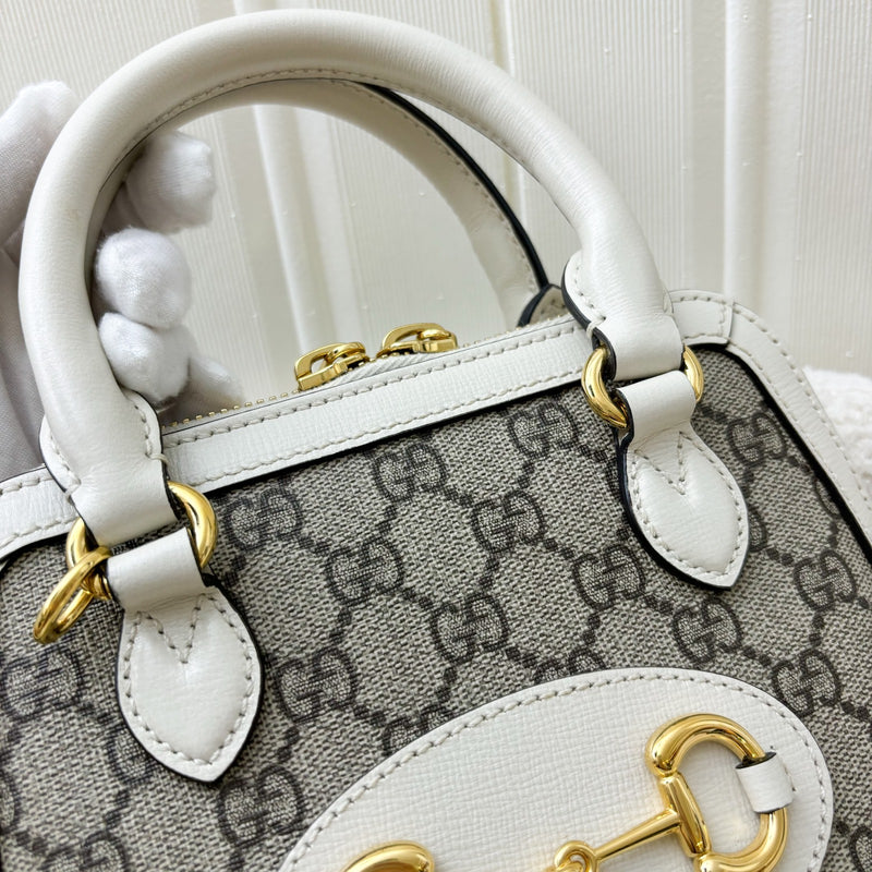 Gucci Horsebit 1955 Mini Top Handle Bowling Bag In GG Supreme Canvas, White Trim and GHW