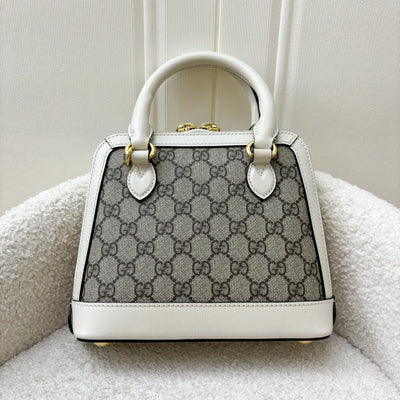 Gucci Horsebit 1955 Mini Top Handle Bowling Bag In GG Supreme Canvas, White Trim and GHW