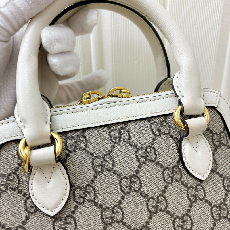 Gucci Horsebit 1955 Mini Top Handle Bowling Bag In GG Supreme Canvas, White Trim and GHW