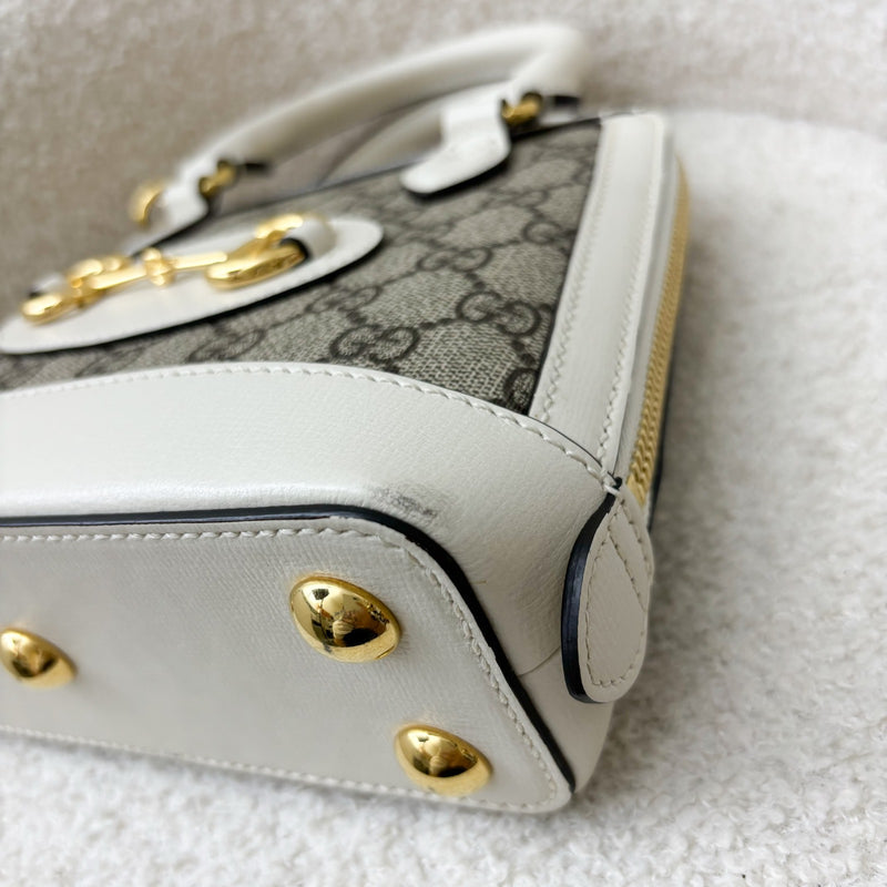 Gucci Horsebit 1955 Mini Top Handle Bowling Bag In GG Supreme Canvas, White Trim and GHW