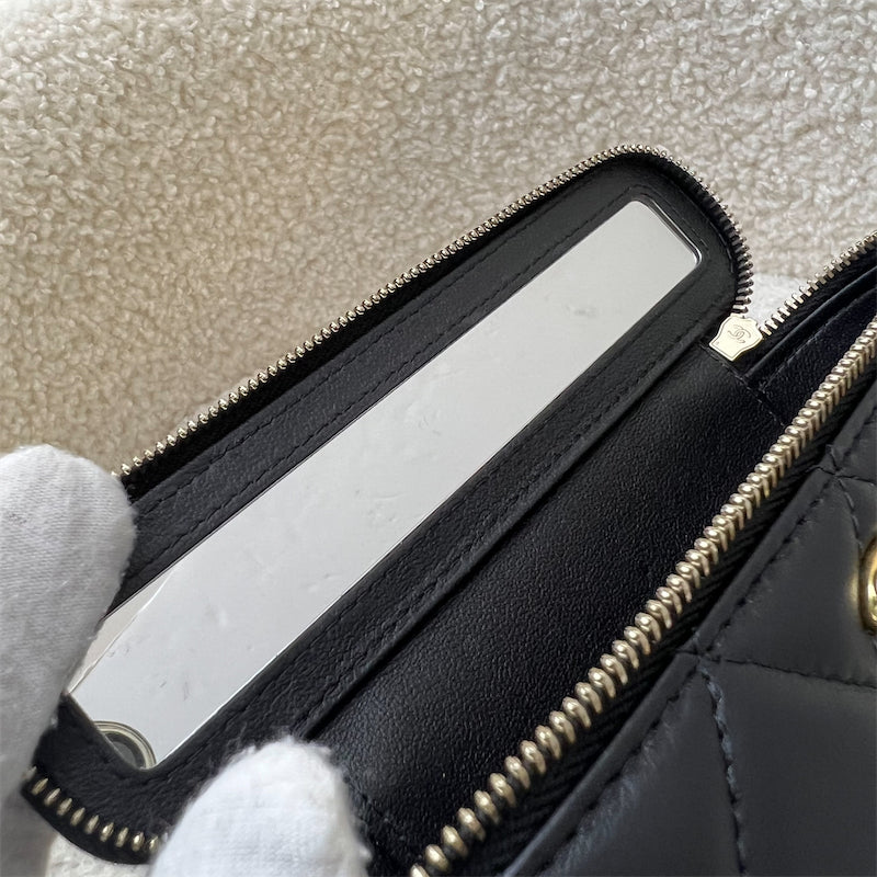 Chanel 23B Pearl Handle Vanity / Clutch with Chain in Black Lambskin and AGHW