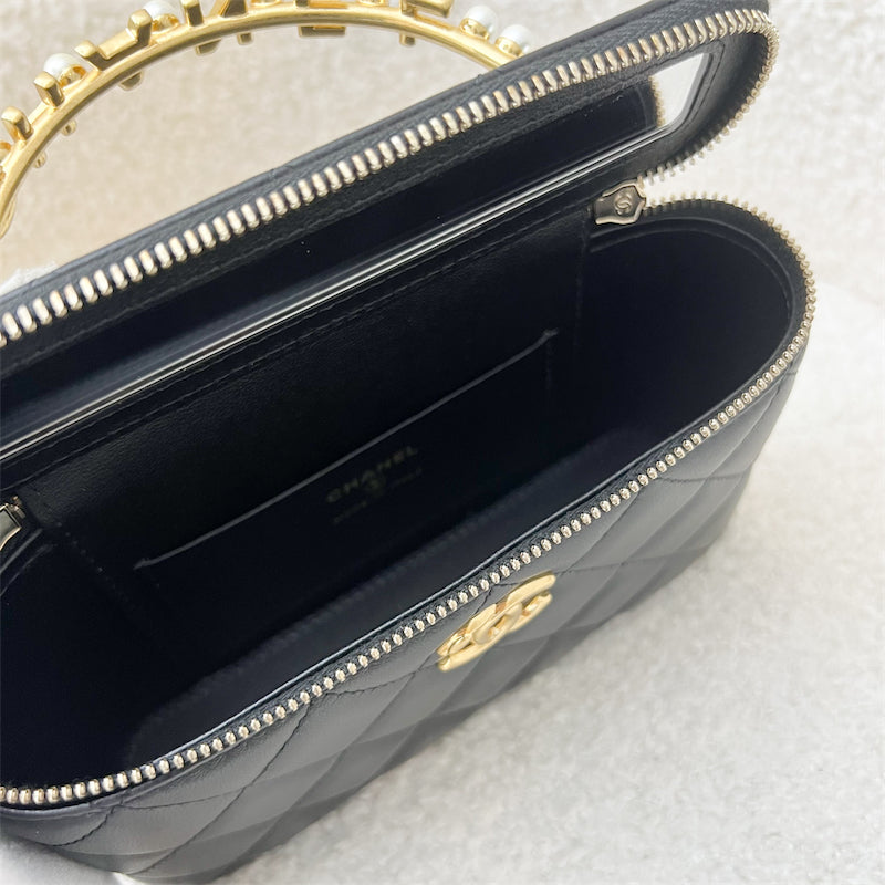 Chanel 23B Pearl Handle Vanity / Clutch with Chain in Black Lambskin and AGHW