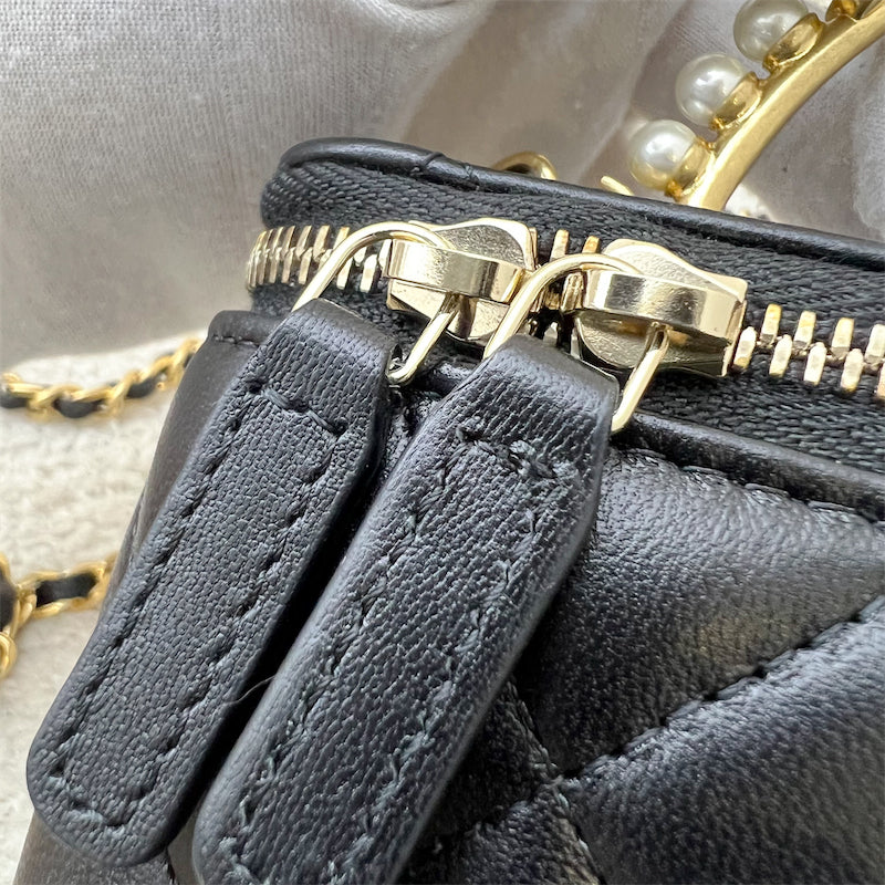 Chanel 23B Pearl Handle Vanity / Clutch with Chain in Black Lambskin and AGHW