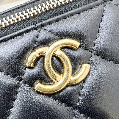 Chanel 23B Pearl Handle Vanity / Clutch with Chain in Black Lambskin and AGHW