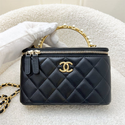 Chanel 23B Pearl Handle Vanity / Clutch with Chain in Black Lambskin and AGHW