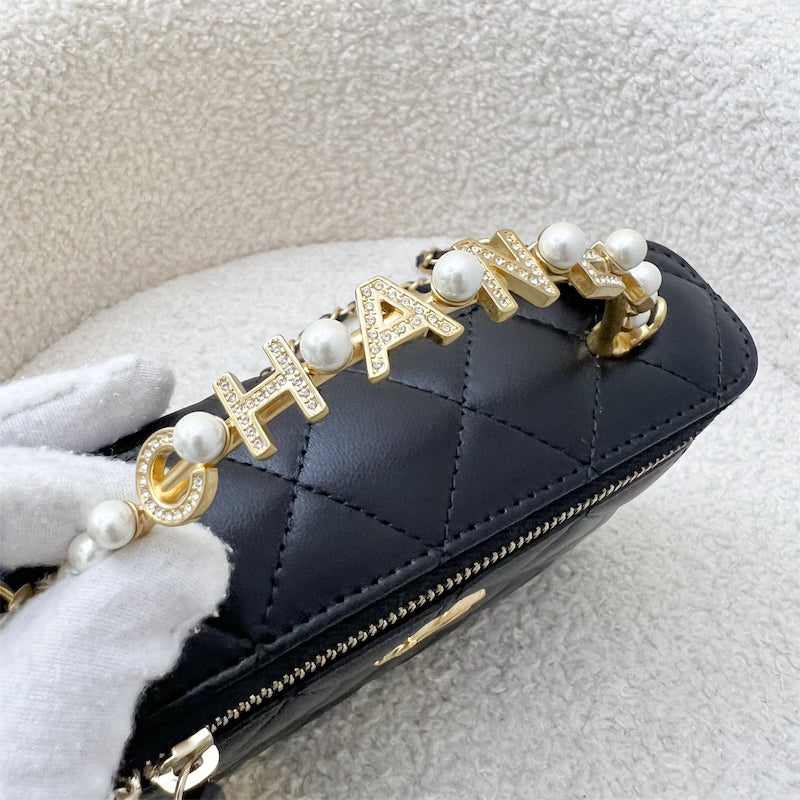 Chanel 23B Pearl Handle Vanity / Clutch with Chain in Black Lambskin and AGHW