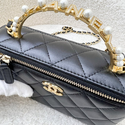 Chanel 23B Pearl Handle Vanity / Clutch with Chain in Black Lambskin and AGHW