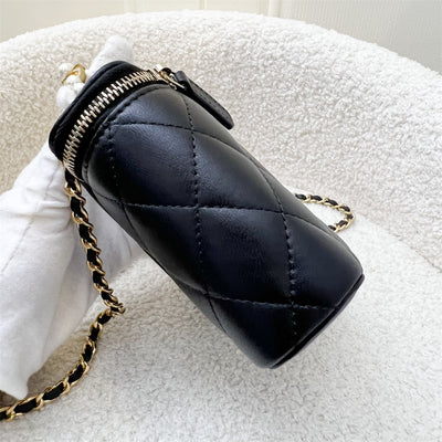 Chanel 23B Pearl Handle Vanity / Clutch with Chain in Black Lambskin and AGHW