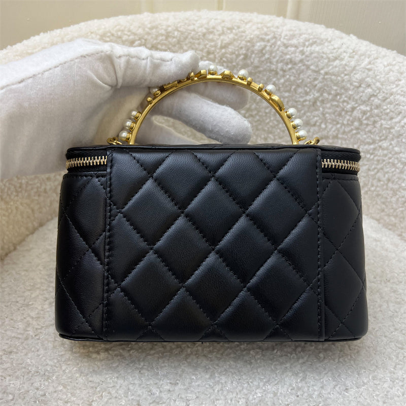 Chanel 23B Pearl Handle Vanity / Clutch with Chain in Black Lambskin and AGHW