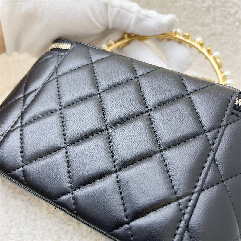 Chanel 23B Pearl Handle Vanity / Clutch with Chain in Black Lambskin and AGHW