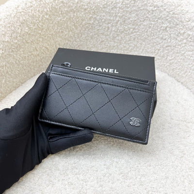 Chanel Flat Card Holder with Zipped Coin Compartment in Black Calfskin and BHW