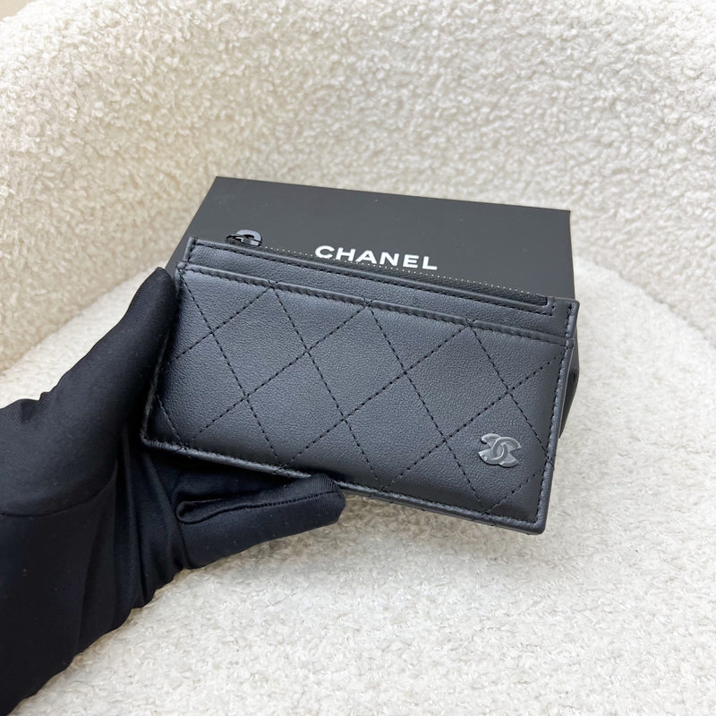 Chanel Flat Card Holder with Zipped Coin Compartment in Black Calfskin and BHW