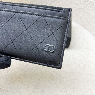 Chanel Flat Card Holder with Zipped Coin Compartment in Black Calfskin and BHW
