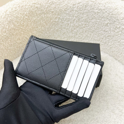 Chanel Flat Card Holder with Zipped Coin Compartment in Black Calfskin and BHW