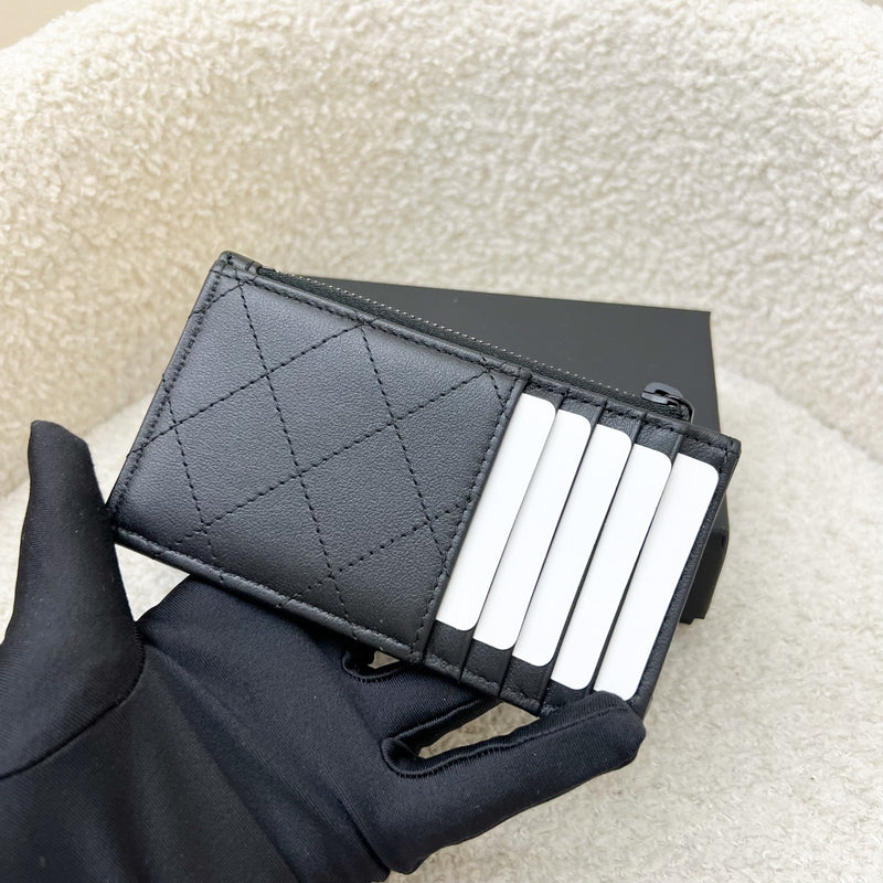 Chanel Flat Card Holder with Zipped Coin Compartment in Black Calfskin and BHW