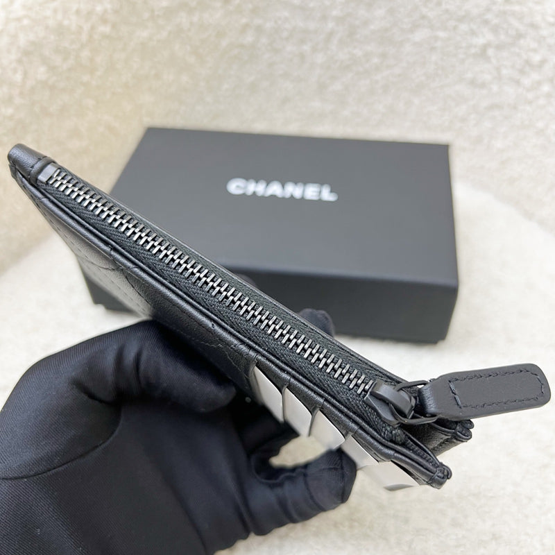 Chanel Flat Card Holder with Zipped Coin Compartment in Black Calfskin and BHW