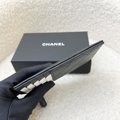 Chanel Flat Card Holder with Zipped Coin Compartment in Black Calfskin and BHW