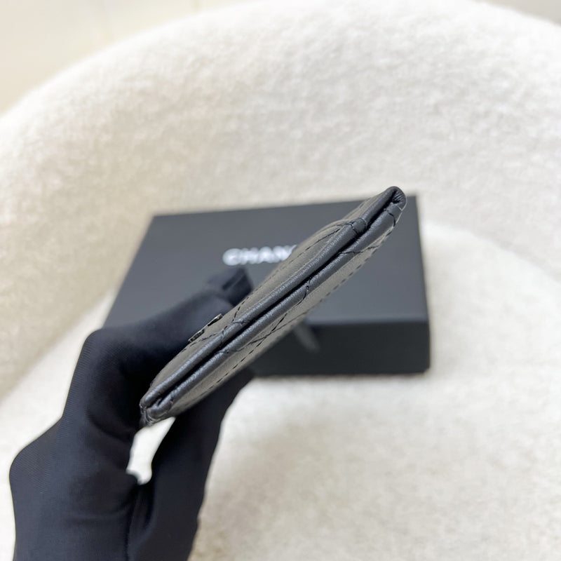 Chanel Flat Card Holder with Zipped Coin Compartment in Black Calfskin and BHW