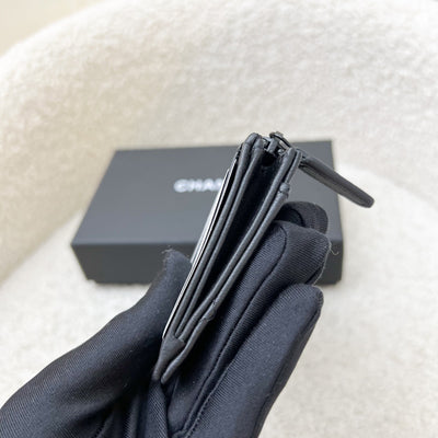 Chanel Flat Card Holder with Zipped Coin Compartment in Black Calfskin and BHW