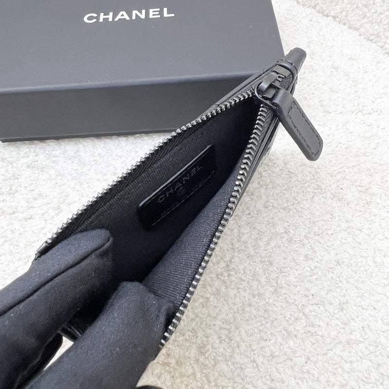 Chanel Flat Card Holder with Zipped Coin Compartment in Black Calfskin and BHW