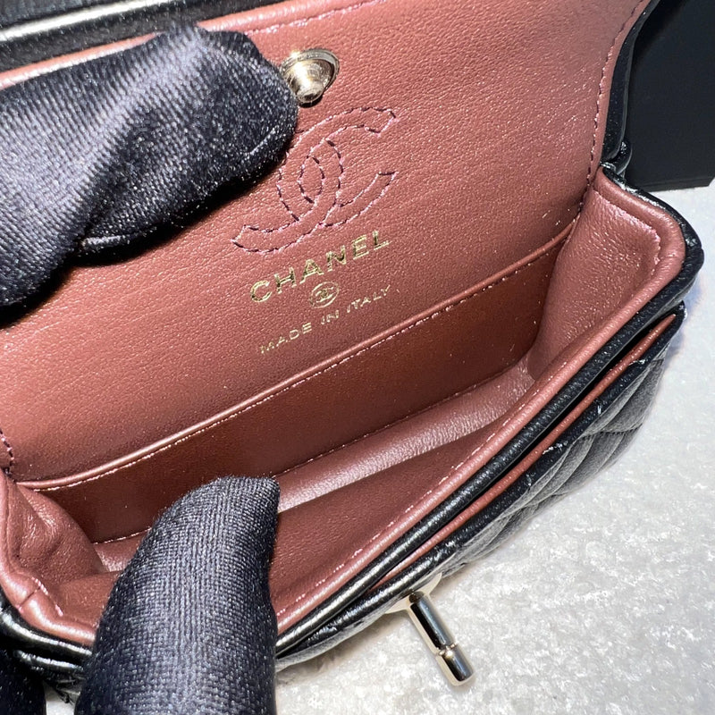 Chanel Classic Mini Bag with Hook Bag Charm with Pearls and Crystals in Black Lambskin and LGHW (Model: AP4760)