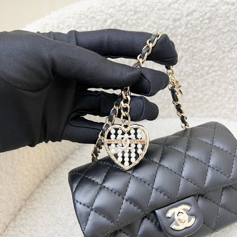 Chanel Classic Mini Bag with Hook Bag Charm with Pearls and Crystals in Black Lambskin and LGHW (Model: AP4760)
