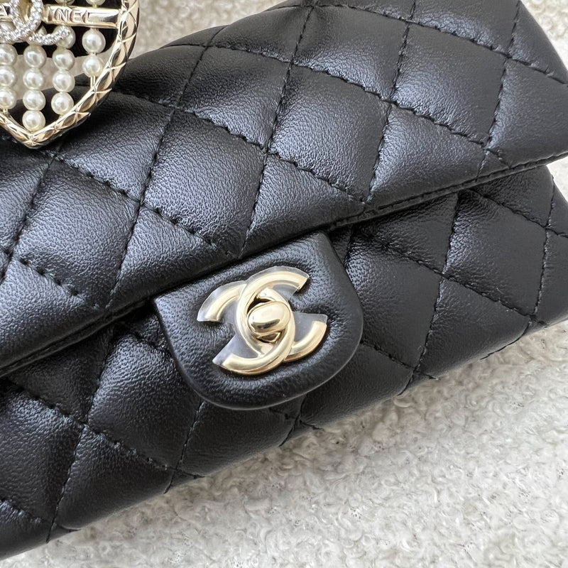 Chanel Classic Mini Bag with Hook Bag Charm with Pearls and Crystals in Black Lambskin and LGHW (Model: AP4760)
