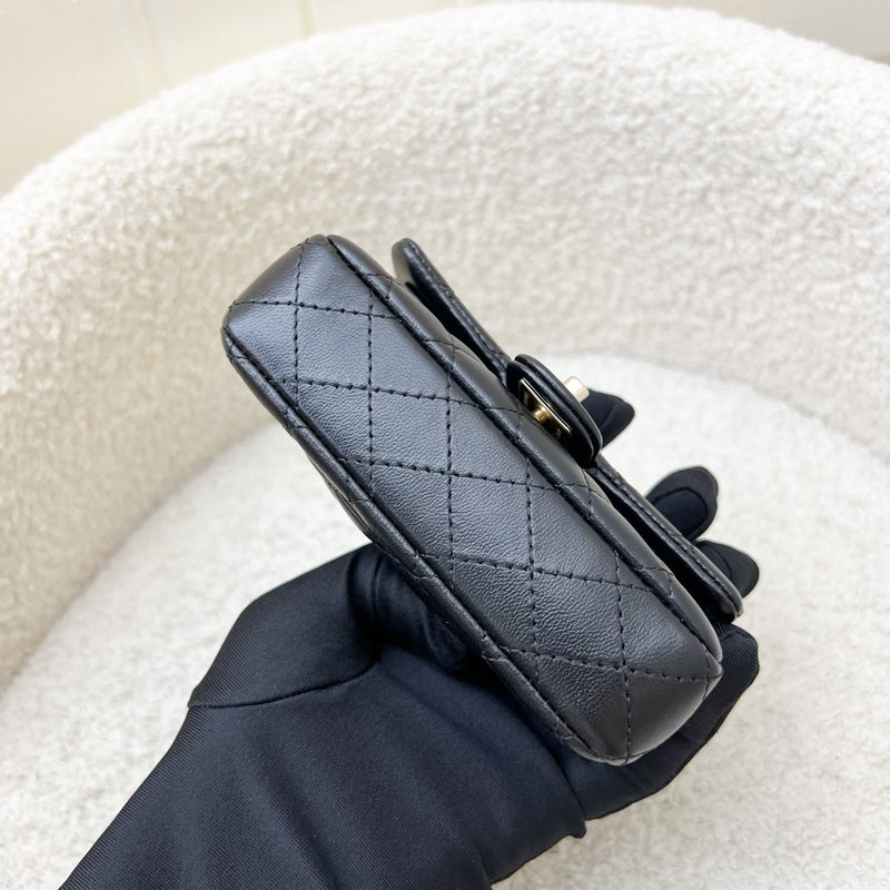Chanel Classic Mini Bag with Hook Bag Charm with Pearls and Crystals in Black Lambskin and LGHW (Model: AP4760)